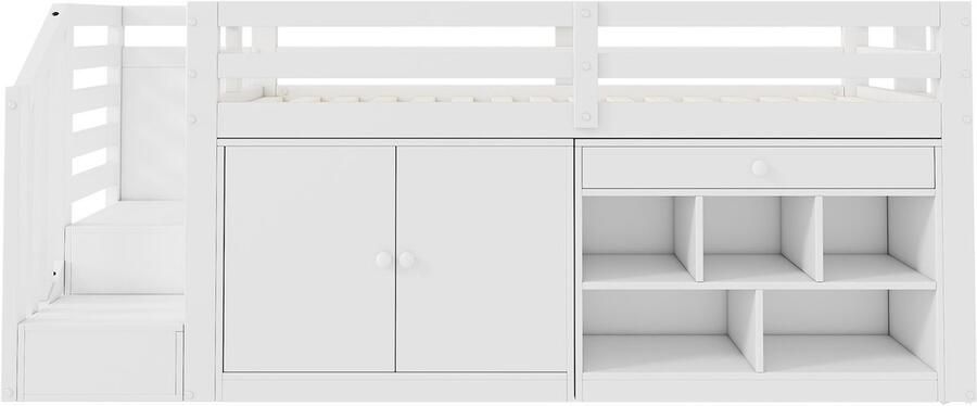 Ojiuboo -Multifunctioneel kinderbed Massief houten frame met trap en lade omvormbaar tot bureau Verwisselbare trap Wit 90x200cm