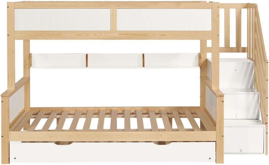 Ojiuboo -Multifunctioneel stapelbed voor kinderen grenen + MDF wit + natuurlijke kleur 3 bedontwerpen met hoektrap met opbergkast kledingkast opklapbed 90x200 & 120x200 & 90x190cm