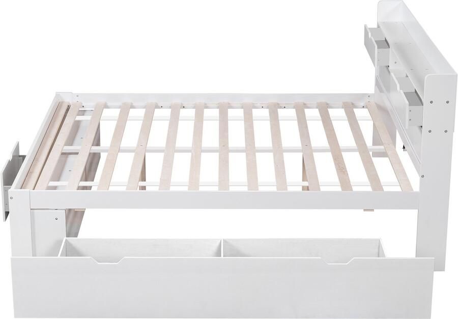 Ojiuboo -Multifunctioneel tweepersoonsbed – met USB- en Type-C-poorten – Opberglades + Planken – Wit – Kinderen Tieners – Exclusief matras – 160 x 200 cm