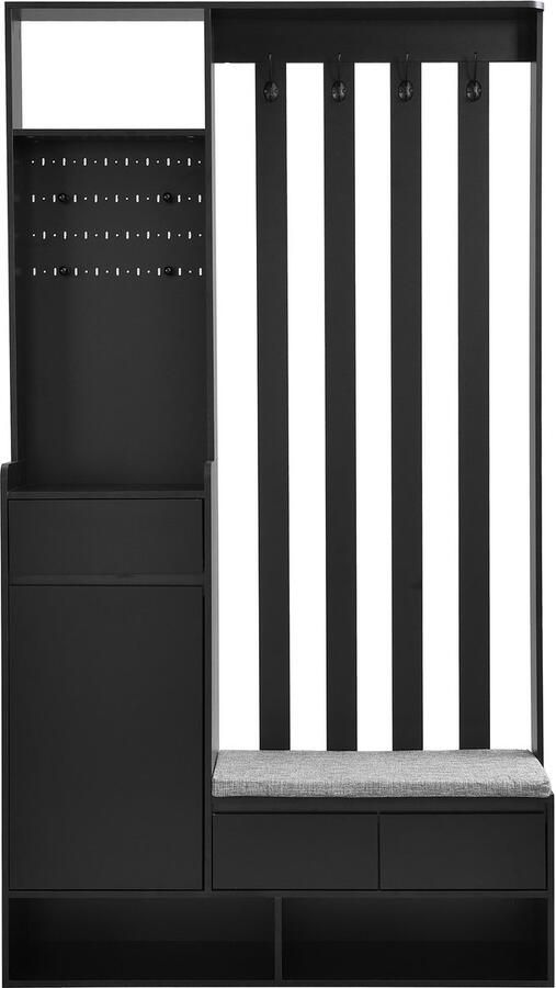 Ojiuboo Multifunctionele kapstokset voor in de hal met gevoerde opbergbank en prikbord 4 haken. Moderne kapstok geschikt voor in de hal en wasruimte zwart 180×100×35 cm