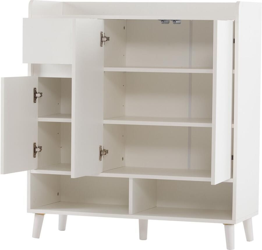 Ojiuboo -Multifunctionele opbergkast – wit – met lades en verstelbare planken – poten van massief hout – geschikt als dressoir schoenenkast entreekast – 90x35x99 cm