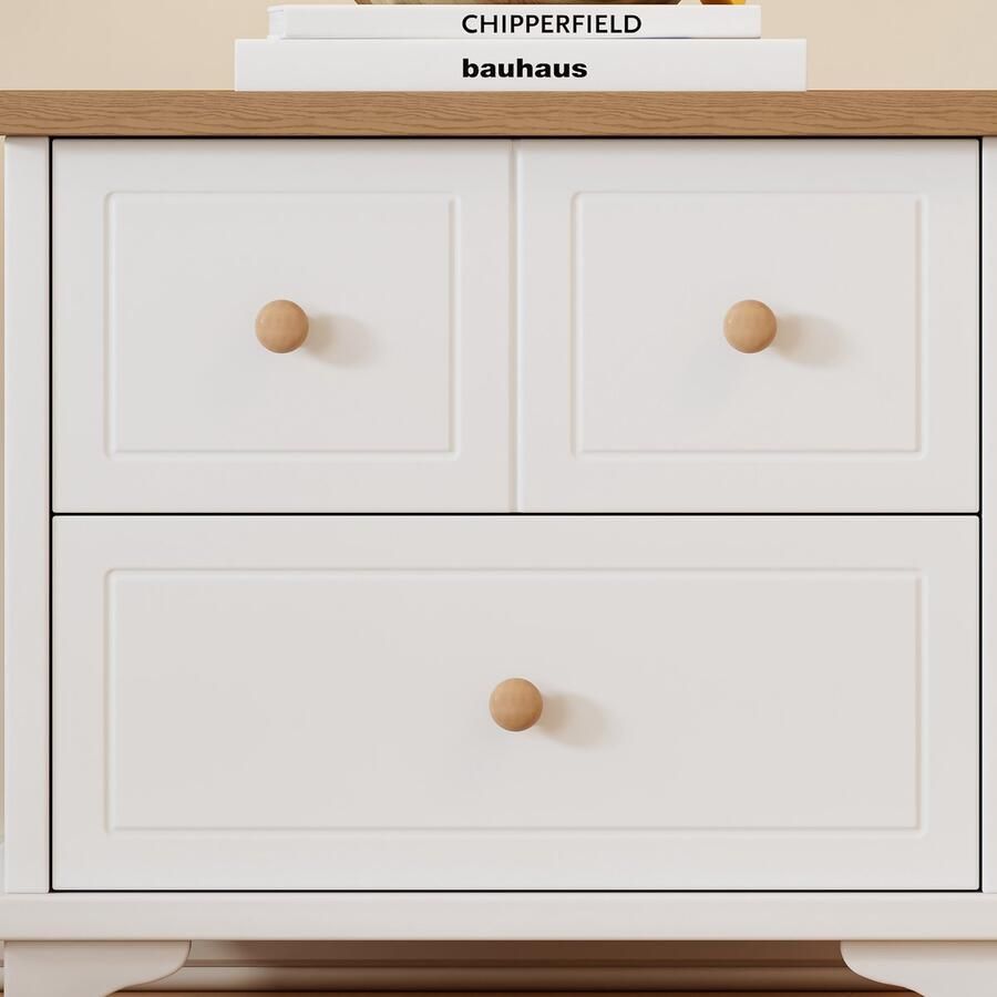 Ojiuboo Nachtkastje met dubbele lade Stille geleiding Gesneden lijnen Frans ontwerp met poten Wit + natuurlijke kleur Geschikt voor slaapkamer en woonkamer