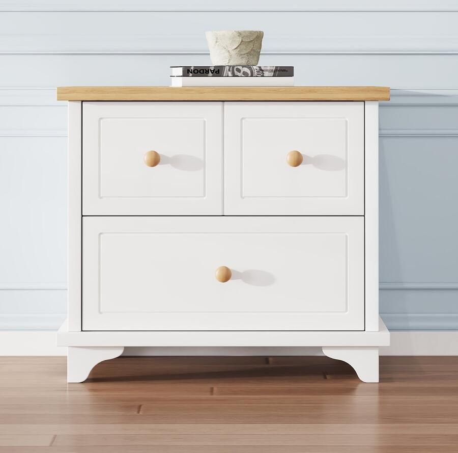 Ojiuboo Nachtkastje met dubbele lade Stille slede Franse tafelpoten Wit + natuurlijke kleur Geschikt voor slaapkamer woonkamer 60x40x51 5cm