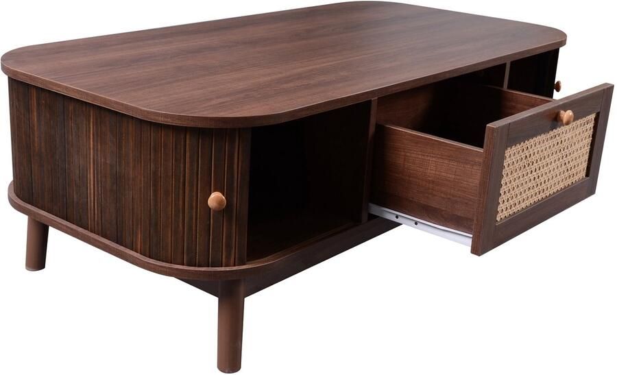 Ojiuboo -Natuurlijke rotan salontafel Rechthoekige massief houten lamellendeuren Rotan lades + deuropbergruimte Walnoot en rotan paneelontwerp 110x55x38 5 cm