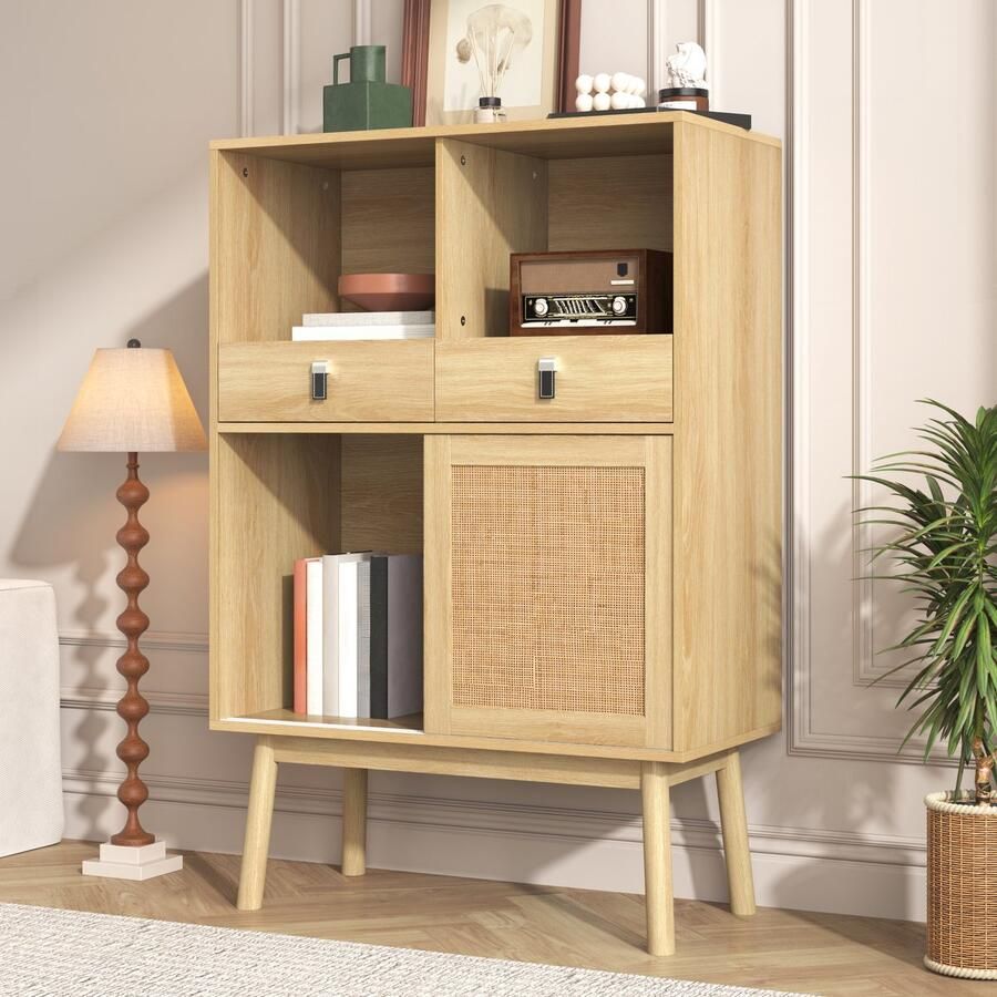 Ojiuboo Oujiuboo—Modern rotan dressoir 80x39 5x120cm Schuifdeuren van echt rotan + twee lades met twee open vakken 28cm hoog ontwerp Opbergkast voor woonkamer eetkamer entree