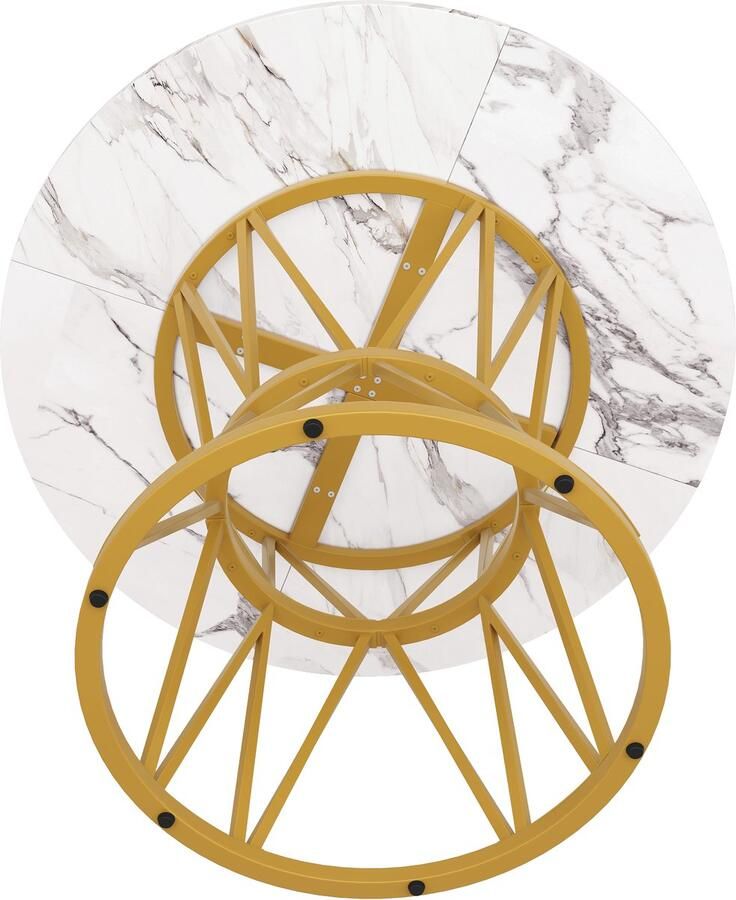 Ojiuboo -Ronde eettafel Licht luxe design Dik MDF-blad met marmerinleg + Stijlvolle goudkleurige metalen poten Verstelbare voetjes Stevig draagvermogen 60 kg Goudkleurig 100x100x76 cm