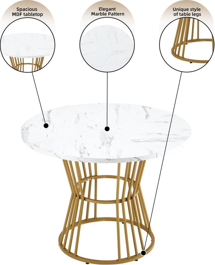 Ojiuboo -Ronde eettafel Modern licht en luxe design Wit gemarmerd MDF-blad + wit gouden metalen poten Verdikte constructie Verstelbare voetsteunen Wit + goud 100x75cm