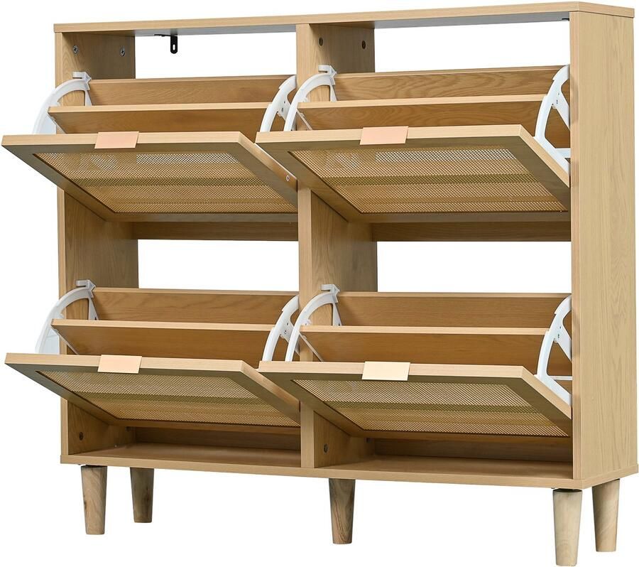 Ojiuboo Rotan schoenenkast in landelijke stijl Met vier uitklapbare lades en houten poten Eikenhouten design Geschikt voor hal slaapkamer appartement 100×25×90 cm