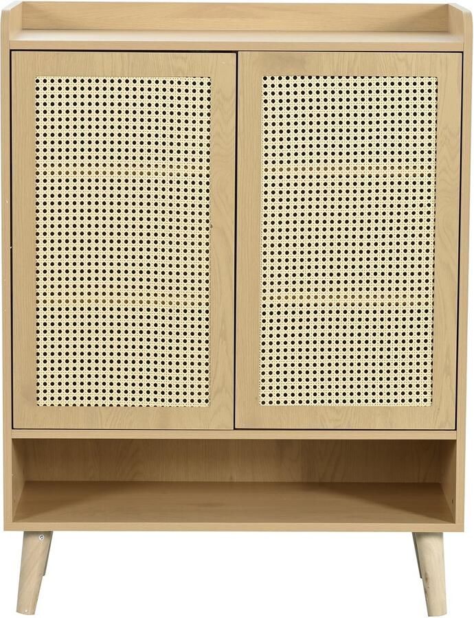 Ojiuboo Schoenenkast met dubbele deur van natuurlijk rotan Vijf planken met opbergruimte Massief houten poten Eikenkleur Geschikt voor de hal 80x35x105cm