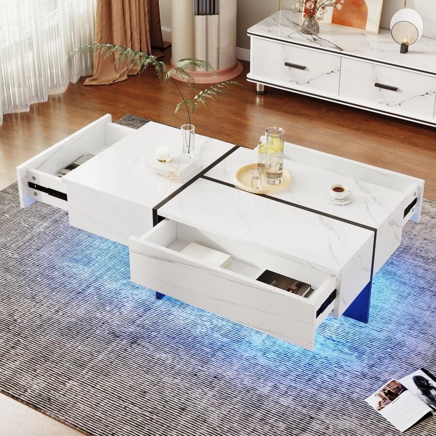 Ojiuboo —Slimme hoogglans salontafel Kunstmarmer + zwart blad LED-lichtstrip met app-bediening Drie lades met opbergruimte 100x50x34 5 cm