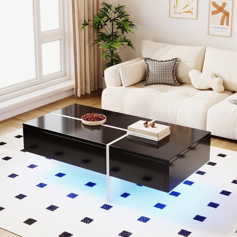 Ojiuboo —Slimme hoogglans salontafel Zwart-wit LED-lichtstrip met app-bediening Drie lades met opbergruimte 100x50x34 5 cm