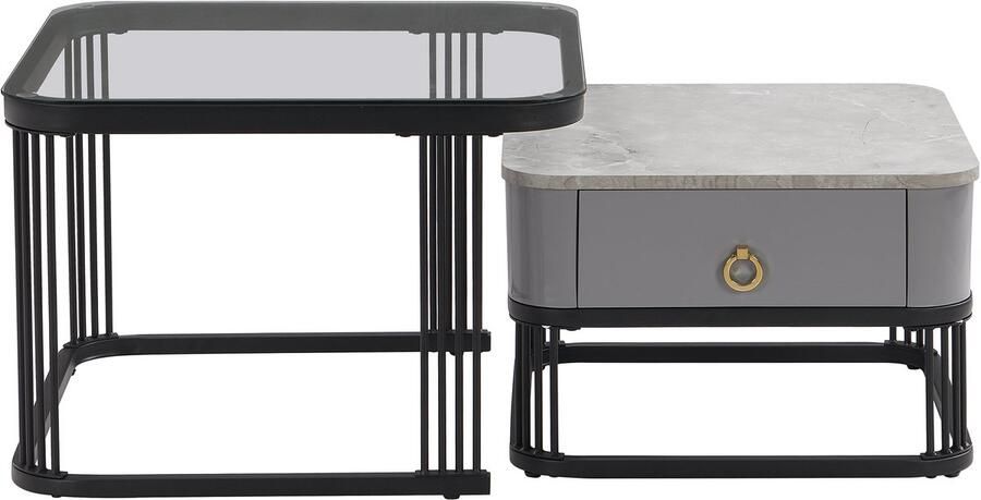 Ojiuboo -Stapelbare salontafel Bijzettafelset van twee met lades Gemarmerd glazen blad Zwart + Grijs 60*60*42cm + 50*50*34cm