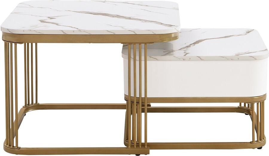 Ojiuboo -Stapelbare salontafel Bijzettafelset van twee met lades Hoogglans marmeren afwerking Wit + Goud 60*60*45 + 50*50*34 cm