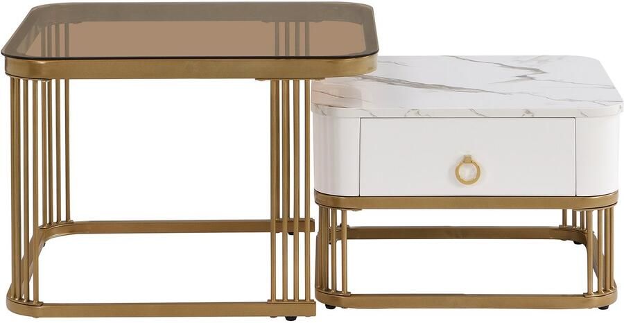 Ojiuboo -Stapelbare salontafel Tweedelige bijzettafel met ladeset Hoogglans marmer + lichtbruin glas Wit + goud + lichtbruin 60*60*42 5 + 50*50*34 cm