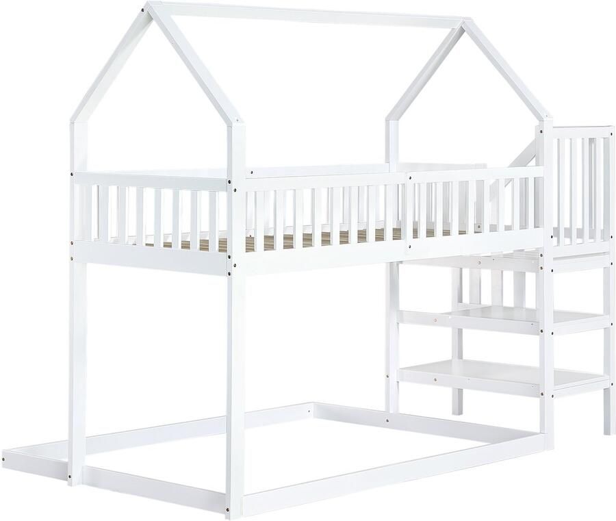 Ojiuboo Stapelbed met hoektrap en veiligheidshekken grenen frame ruime ruimte onder het bed wit geschikt voor matrassen van 90x200 cm en 140x190 cm