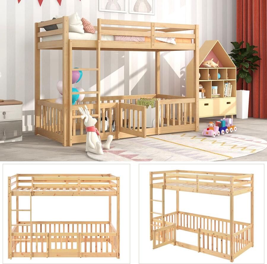 Ojiuboo Stapelbed van massief hout in natuurlijke kleur met deurhekje rechte trap kinderstapelbed 200×90 cm uitbreidbare ruimte onder het bed milieuvriendelijk FSC-gecertificeerd