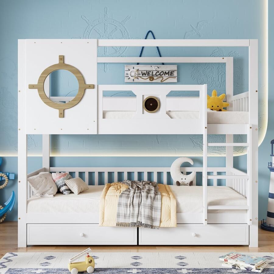 Ojiuboo Stapelbed voor kinderen Dakrandontwerp met bovenraam Opbergruimte met twee laden Drie-traps ladder voor barrièrevrije doorgang Wit + natuurlijke kleur 90×200 cm