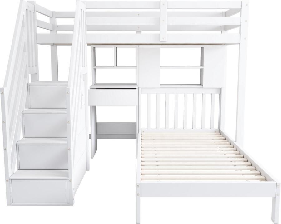 Ojiuboo -Stapelbed voor kinderen Multifunctioneel bureau en opbergruimte Lattenbodem Wit 90x200cm