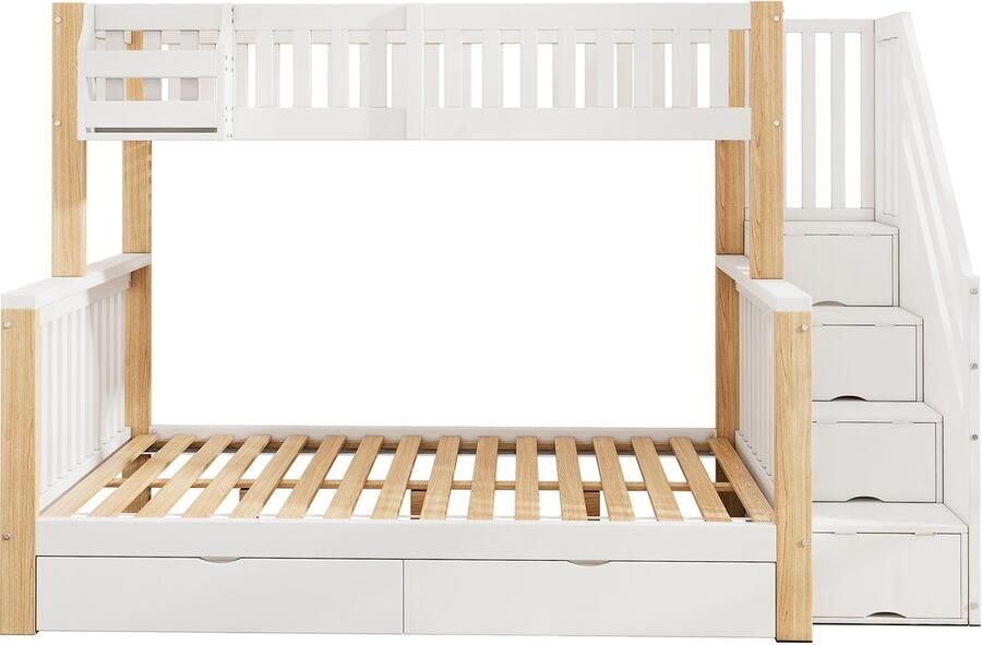 Ojiuboo -Stapelbed voor kinderen Multifunctioneel kinderbed Met opbergmand + Lade + Trap + Opbergkast Wit + Naturel 90x200 cm & 140x200 cm Matras niet inbegrepen