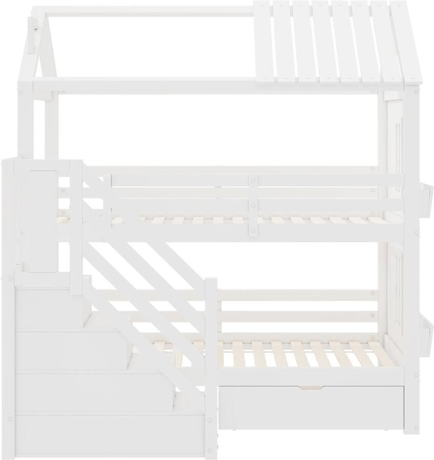 Ojiuboo -Stapelbed voor kinderen Multifunctioneel kinderbed met opbergtrap lades en planken Grote opbergruimte Grenen + MDF Wit 90x200cm Matras niet inbegrepen