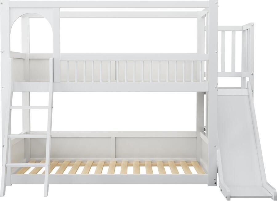 Ojiuboo -Stapelbed voor kinderen Multifunctioneel ontwerp met glijbaan en plank Massief houten constructie belastbaar tot 150 kg Matras niet inbegrepen Wit 90x200 cm