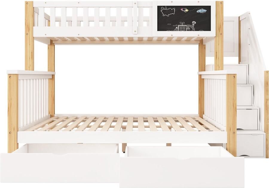 Mobrio Massief houten stapelbed met lades en opbergtrap 90x200cm + 140x200cm Wit & Naturel