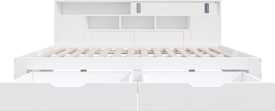 Ojiuboo -Tweepersoonsbed – 180x200 cm – Houten – USB-poort + Digitale klok + Bluetooth-luidspreker + Gekleurde lichtstrip – Ingebouwde matras – Inclusief 2 nachtkastjes – Wit – Matras niet inbegrepen