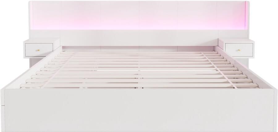 Ojiuboo -Tweepersoonsbed – Massief hout – met USB-poort + LED-sfeerverlichting + Stopcontact – App-bediening – Inclusief 2 nachtkastjes + 2 lades – Wit – 180x200 cm – Matras niet inbegrepen