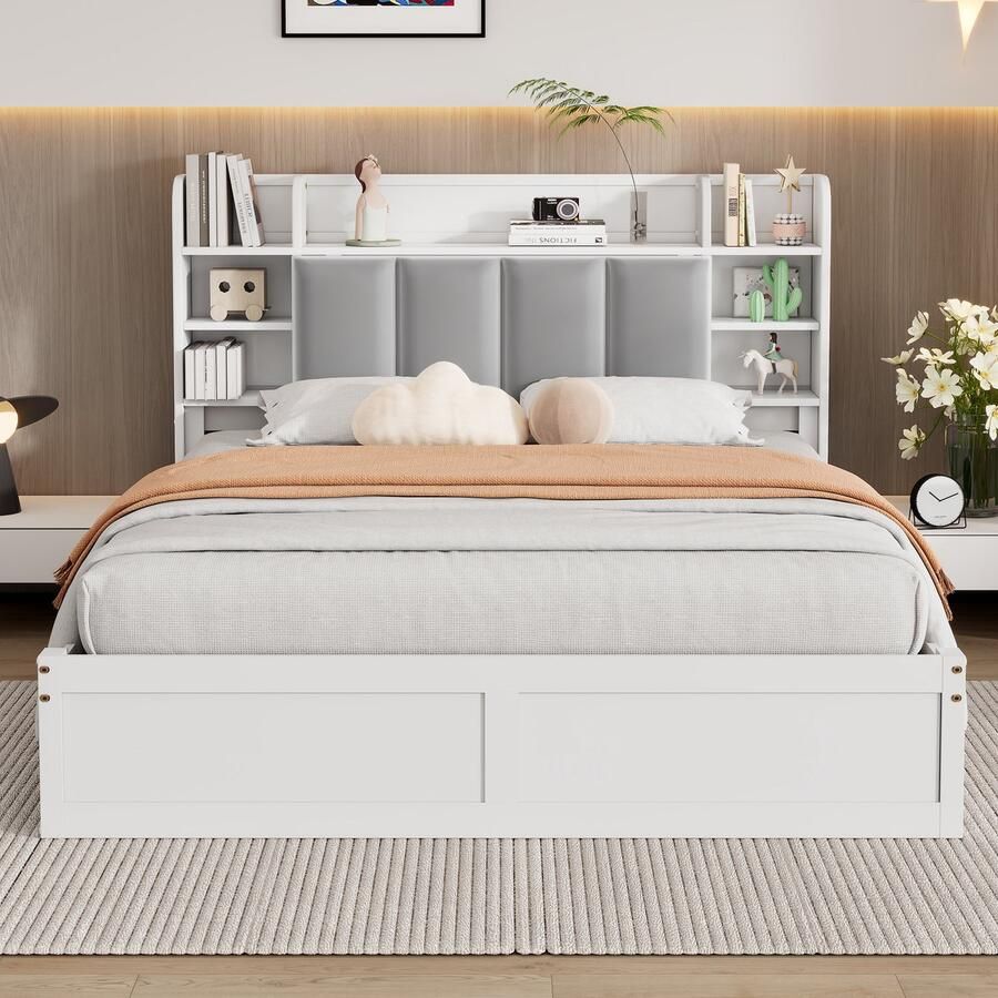 Ojiuboo Tweepersoonsbed met opberglades + open boekenplank witgrijs grenenhout + MDF + fluweel geschikt voor tieners en volwassenen zelf te monteren 140x200cm
