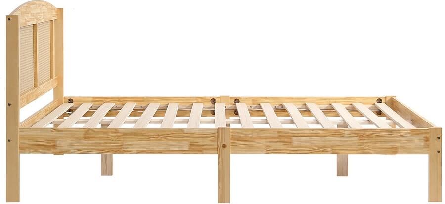 Ojiuboo Tweepersoonsbed van rotan Grenen + PE-rotan Met netkussens van rotan Stabiel bedbord en centrale poten Natuurlijke kleur geschikt voor tiener- en volwassenenkamers 160x200cm