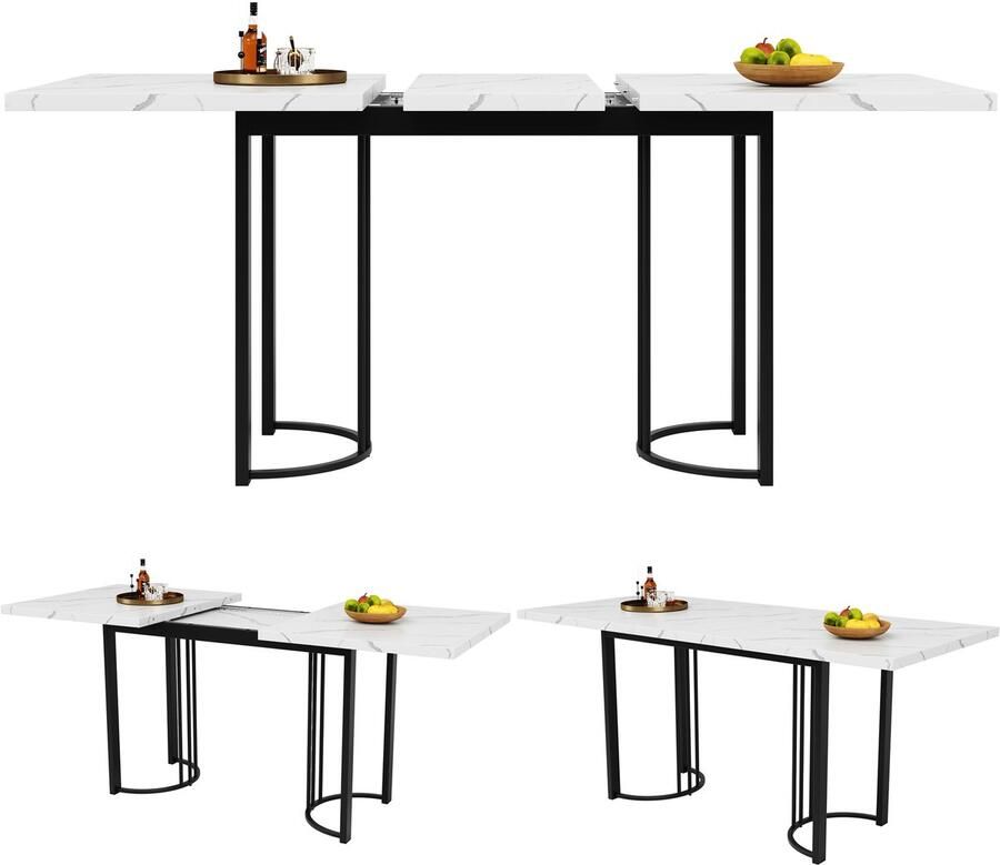Ojiuboo -Uitschuifbare eettafel Modern ontwerp met gebogen poten MDF marmeren blad + geometrisch gebogen metalen poten 140-179 5 cm Uitschuifbaar Verstelbare voetensteun Wit+Zwart 140-179 5 x 80 x 75 5 cm