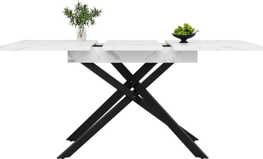 Ojiuboo -Uitschuifbare eettafel Modern uitschuifbaar design Wit gemarmerd MDF blad + Zwarte metalen kruispoten 120-160 cm Uitschuifbaar Vlekbestendig en gemakkelijk schoon te maken Zwart+Wit 120-160x80x76 5 cm
