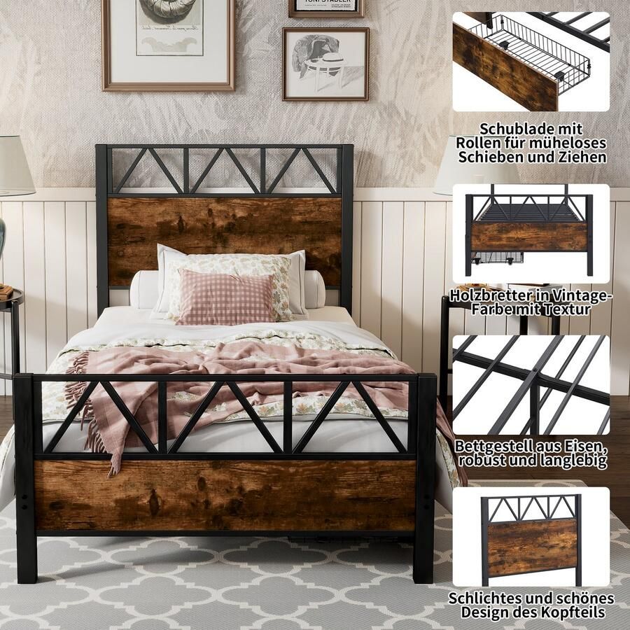 Ojiuboo Vintage Metalen Kinderbed Opbergruimte met Dubbele Laden en Wielen Zwart Metalen Frame + Walnoot MDF 90x200cm