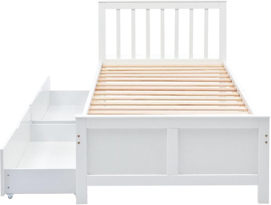 Ojiuboo -Wit houten eenpersoonsbed 90x200cm geschikt voor volwassenen en tieners grenen frame met opberglades eenvoudige moderne stijl