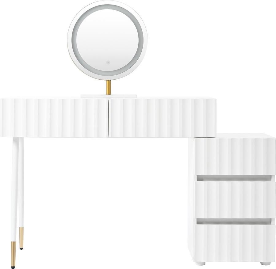 Ojiuboo -Witte Grote Kaptafel met LED-verlichting 5 Laden met Ruime Opbergruimte Slaapkamer Make-uptafelset Afmetingen 100×127×40cm (exclusief kruk)