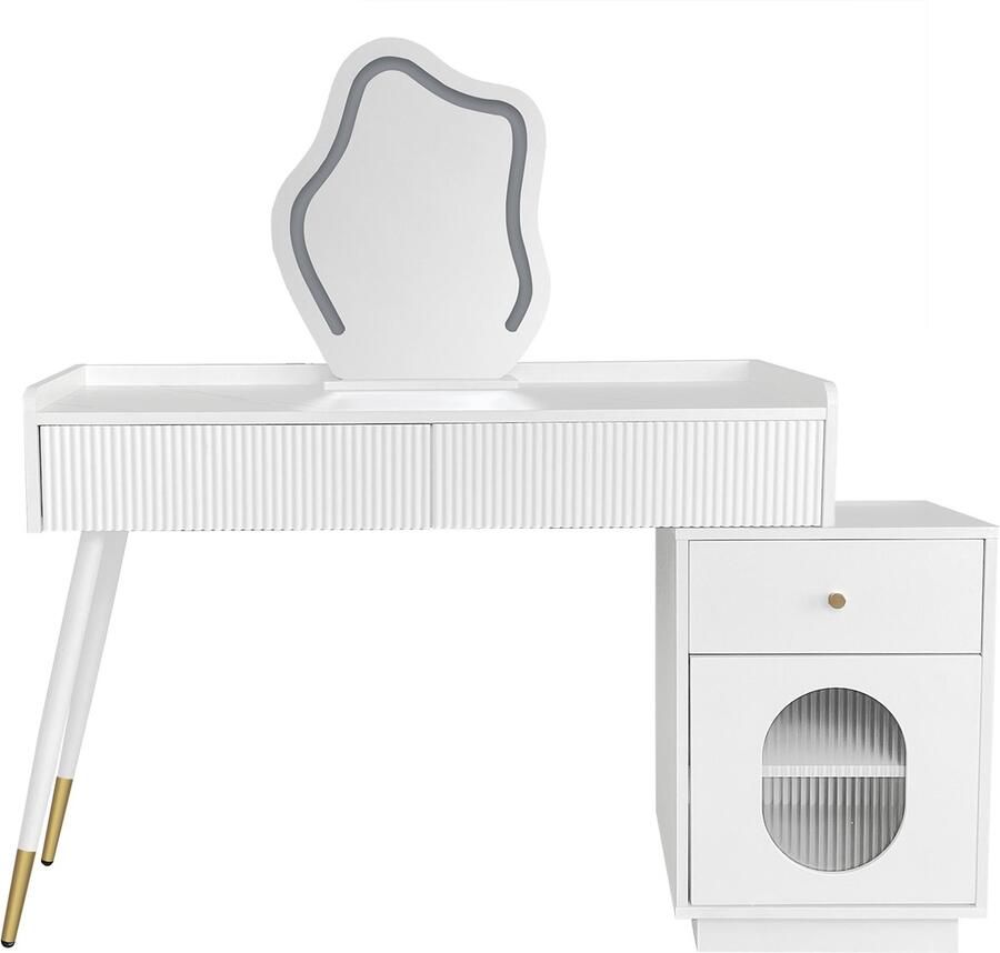 Ojiuboo -Witte kaptafelset met led-spiegel en verlichting inclusief 3 lades en 1 deur slaapkamerkaptafel afmeting 100×75×40 cm (exclusief kruk)