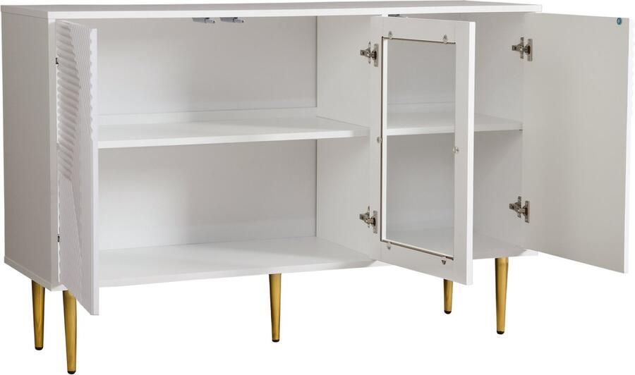 Ojiuboo -Witte ladekast 3-deurs model metalen poten glazen deuren 120x38x79 5 cm