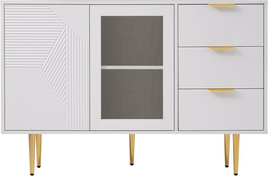 Ojiuboo Witte ladekast met glazen deuren 3 lades + 2 deuren Metalen poten Moderne opbergkast B120 × H79 5 cm Woonkamer Hal Dressoir Vitrinekast