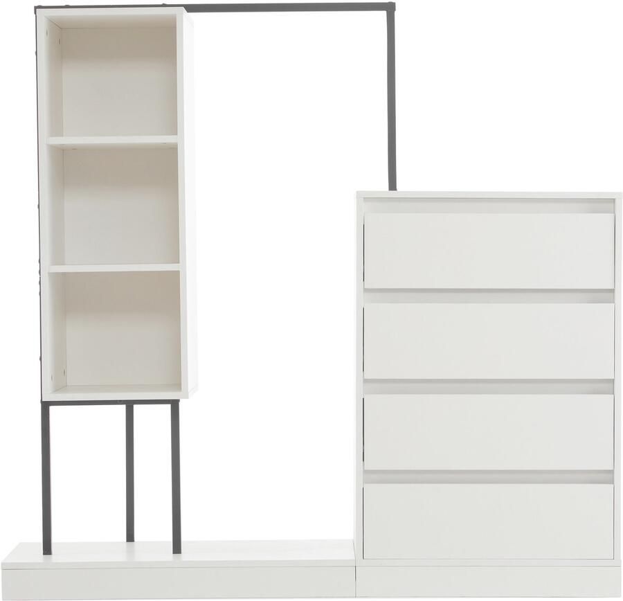 Ojiuboo Witte minimalistische opbergkastset vier lades + open planken + kledingstangen met anti-dumpsysteem Multifunctionele combinatie van garderobekast schoenenkast halkast