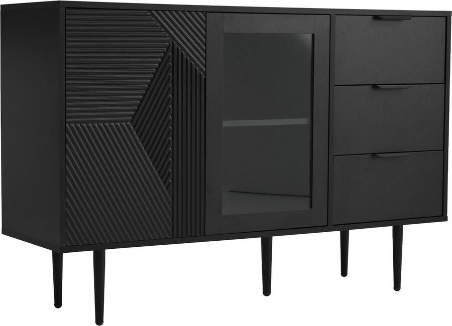 Ojiuboo -Zwarte ladekast 3 laden + 2 glazen deuren metalen poten 120x38x79 5 cm