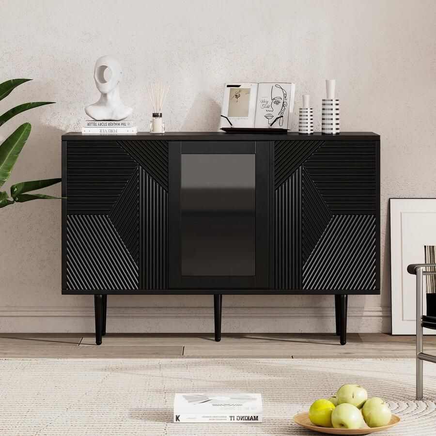 Ojiuboo Zwarte ladekast met drie deuren met glazen deur en metalen poten moderne minimalistische stijl 120×38×79 5 cm milieuvriendelijk spaanplaatmateriaal