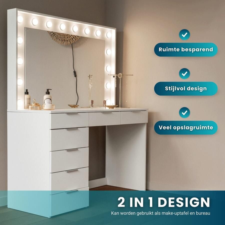 OKworld Kaptafel met Spiegel Cosmeticatafel met 16 Dimbare LED Lampen 147x120x47CM Make Up Tafel met 7 Lades Modern & Vintage Hollywood Cosmetica Kast Make-Up Opbergkast Wit