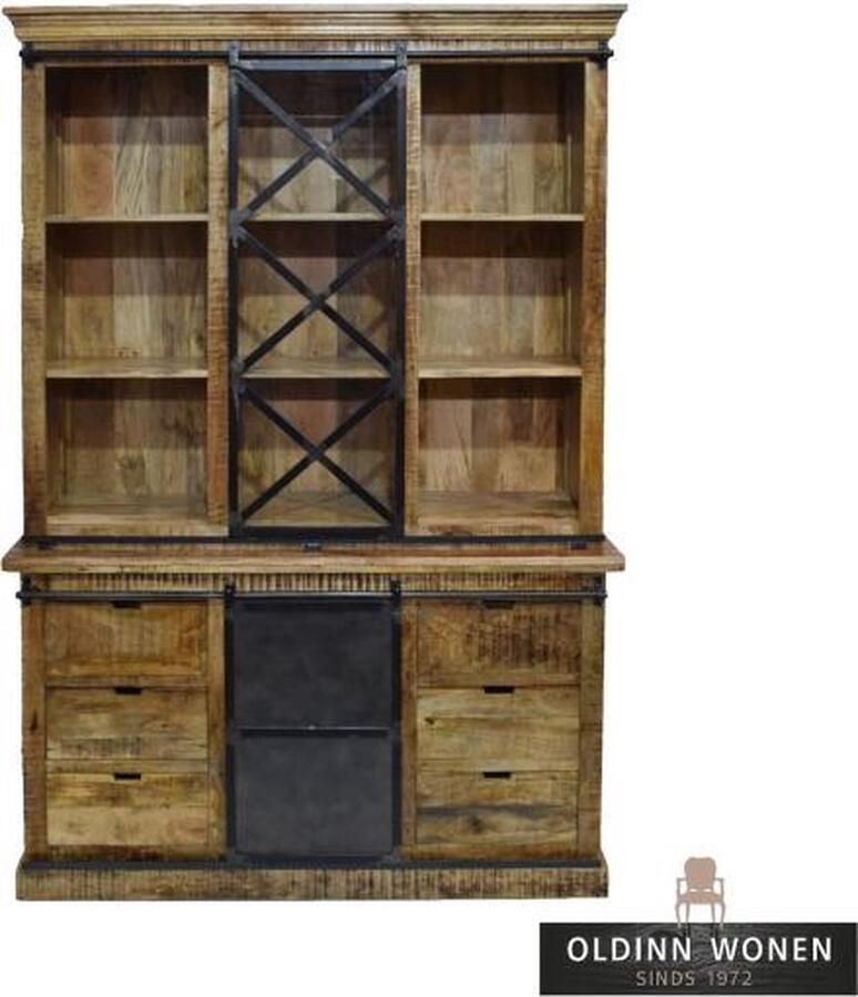Old Inn Wonen Old Inn Buffetkast Mangohout Industrieel met Lades en Schuifdeuren 220cm x 160cm x 45cm