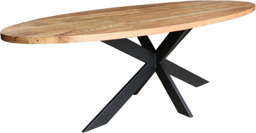 Old Inn Wonen Old Inn Eettafel 6 Persoonstafel Ovaal Bruin Mangohout Zwart Metalen Spinpoot Smal 110x200x75cm