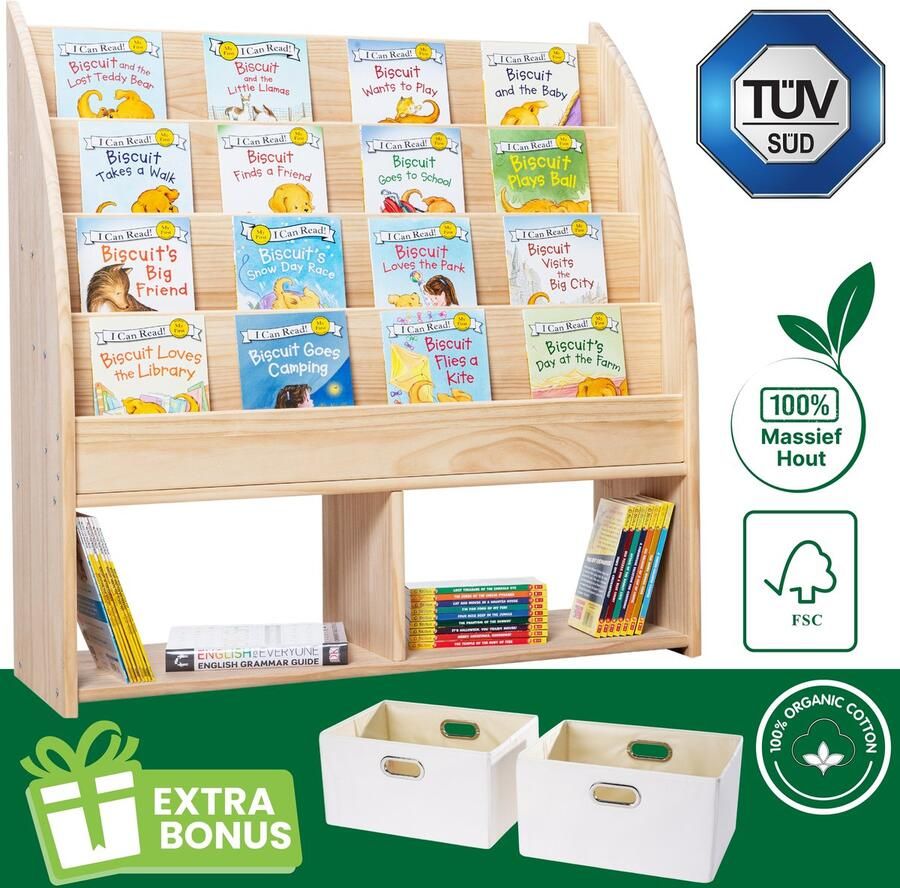 WonderMind 100% Massief Houten Montessori Boekenkast B80×H80×D33 Hout Kinderboekenkast Boekenkast voor kinderen Kinderboekenrek Kinderboekenplank Children's Bookcase Kinderkamerkast Bibliotheek School Bibliotheekkoffer Opbergmeubel Kinderen