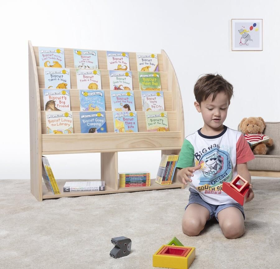 O'Liv WonderMind Massief Grenenhout Montessori Kinderboekenrek – Frontale Boekendisplay – Kinderboekenrek met Canvas Opbergmanden – Kinderboekenkast met Speelgoedopbergruimte – Speelgoedkast – Speelgoedmand – Boekenkast Kinderkamer – Kinderstoel – WM-B002 - Foto 4