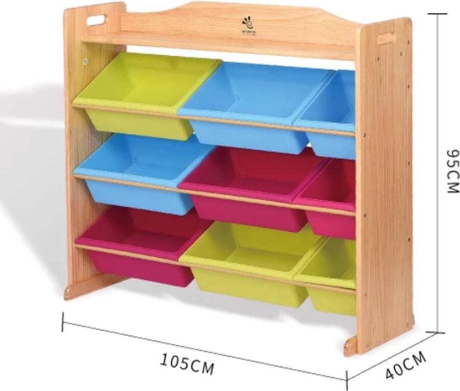 WonderMind 【Grote capaciteit】Massief houten 4-laags Kast L103 x H98 x B30 cm met 12 Opslagbakken Blauw Opbergkast Speelgoedrek Opbergrek Speelgoedboxen Opbergmeubel Kast voor kinderkamer Kinderkast Speelgoedkast Meubels voor kinderkamer