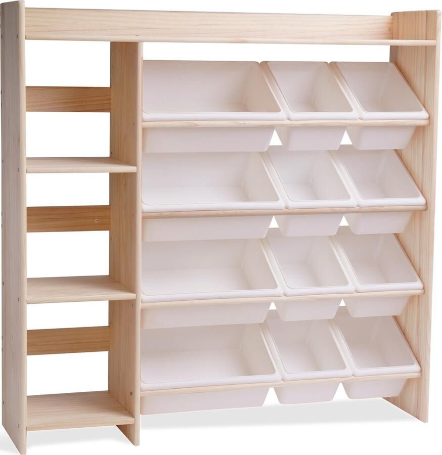 WonderMind Massief Houten Opslagcombinatie W115 x D30 x H115 cm + 12 Witte Opslagbakken & Boekenkast voor Kinderen Speelgoedrek Speelgoedkast Speelgoedbox Opbergkast Kinderkast Opbergmeubel Kinderboekenrek Montessori Boekenplank Ongecoat