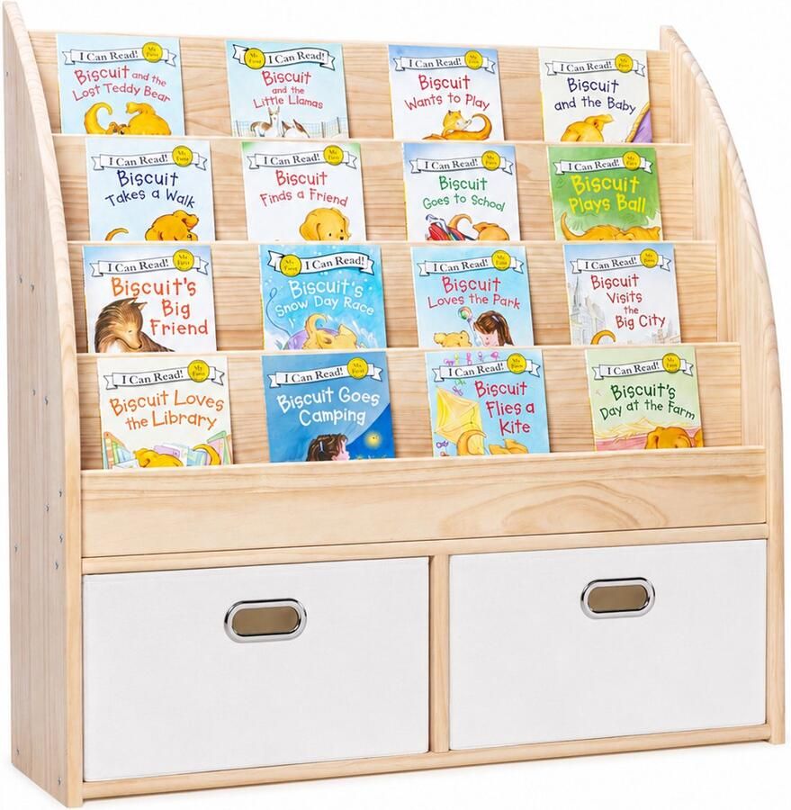 O'Liv WonderMind Massief Grenenhout Montessori Kinderboekenrek – Frontale Boekendisplay – Kinderboekenrek met Canvas Opbergmanden – Kinderboekenkast met Speelgoedopbergruimte – Speelgoedkast – Speelgoedmand – Boekenkast Kinderkamer – Kinderstoel – WM-B002 - Foto 3