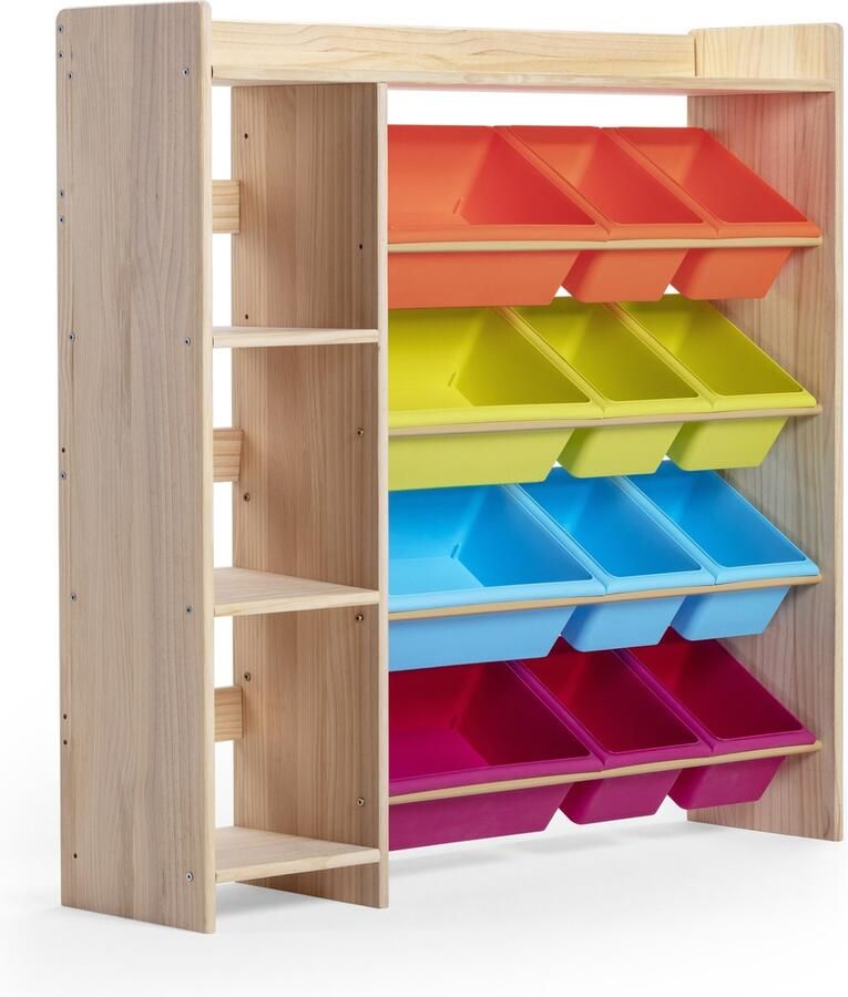 O'Liv WonderMind Montessori Massief Houten Speelgoedopbergrek met 9 Opslagbakken & 3 Boekenplanken L115 × W30 × H115 cm Opbergrek Opbergplank Opbergkast Speelgoedkast Speelgoedbox Boekenkast Stellingkast Kast kinderkamer Kinderkast - Foto 2